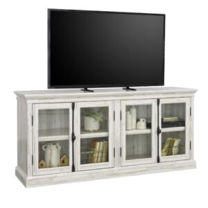 such as a television. This TV credenza with glass doors can hold up to an 80-inch television for your viewing enjoyment. This TV cabinet with doors also features shelves for storage of movies