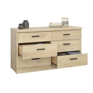 A cottage style dresser in a light and natural finish is the ultimate fresh addition to a bedroom needing a face lift. The 6-drawer dresser from the Aspen Post collection offers stylish storage and easy function. This bedroom dresser features six spacious drawers that open and close on smooth metal runners