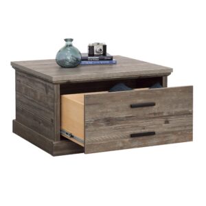 The cool and neutral Pebble Pine finish of this storage coffee table from the Aspen Post collection will bring the feel of a rustic