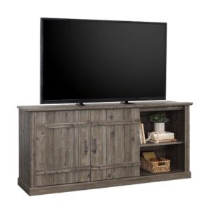 this TV stand with sliding doors from the Sauder Select collection harkens back to a time of simple country charm. Three adjustable shelves in this TV stand make it the perfect place to store a collection of movies or family games