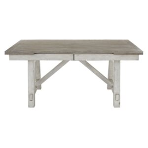 Rubberwood construction provides great stability“Oyster” finish is a combination light gray/antique creamTwo 14” spring loaded and self-storing table leaves