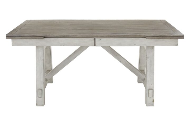 Rubberwood construction provides great stability“Oyster” finish is a combination light gray/antique creamTwo 14” spring loaded and self-storing table leaves