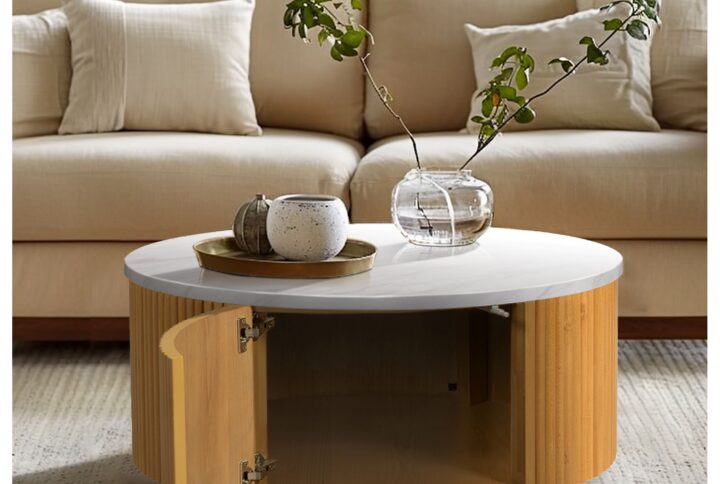 Faux White Marble Round Coffee Table with Storage