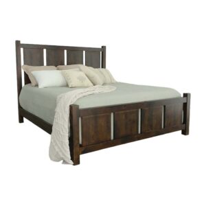 Bed features a wide vertical plank headboard and footboard with three-inch posts.Available in queen and kingVintage pine finish features a saturated brown stain with a hand applied artisan black finish over top to emulate an antique look