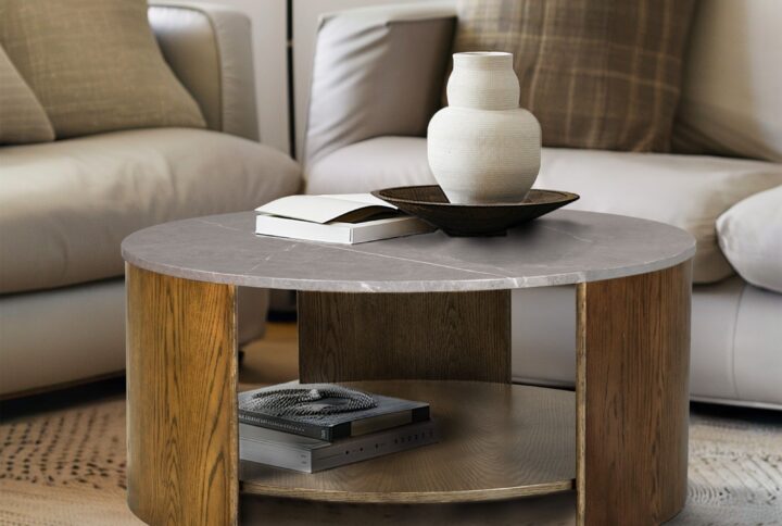 Round Mixed Material Coffee Table with Shelf