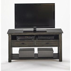 Lower base shelfOpen shelving for media compartmentsDistressed smoke finish of grays & browns