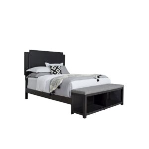 Headboard has dimensional panels and features touch button LED lightsFootboard has a charcoal chenille padded bench seatFootboard offers a storage shelf