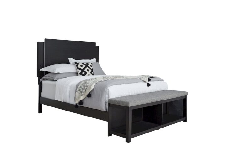 Headboard has dimensional panels and features touch button LED lightsFootboard has a charcoal chenille padded bench seatFootboard offers a storage shelf