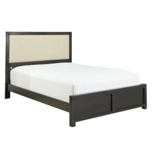 Available in queen and king sizeMitered bed panel with upholstered insert on headboard; upholstered panel is 100% polyesterIntense black finish