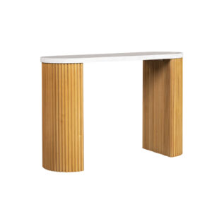 Faux White Marble Console Table with Reeded Wooden Pillar Legs