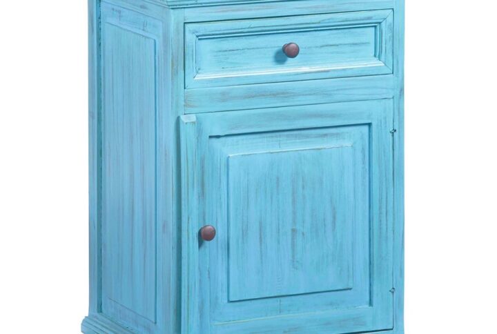 Solid Brazilian Pine constructionTransitional style in an “Antique Turquoise” finish with contrast pine interior1 finished drawer and 1 finished spacious cabinet