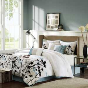 Lighten up your bedroom with the Madison Park Matilda Collection. This beautiful set is made from a printed polyester microfiber with dark brown flocking on the design and a brushed polyester reverse. The addition of flocking to this set gives a three-dimensional look to the top of bed for added value. The pale blue floral design works well against the stark dark brown for the perfect balance. Three decorative pillows provide piecing and embroidery details pulling this entire look together.