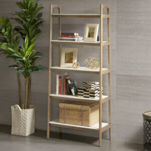 Add the bold Madison Park Parker Shelf to your living space. This all wooden mid-century inspired shelf will go nicely to any room’s decor. It features 5 white shelving composed of solid wood held by a natural wood finish frame. The two-tone gives this shelf a striking contrast. Use this shelf to display your decorative pieces and elevate your home decor. Assembly required.