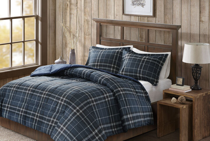 Get a warm and cozy night’s sleep with the Woolrich Flint Cozyspun Down Alternative Comforter Mini Set. The down alternative comforter and sham(s) feature soft and warm cozyspun flannel like fabric with a navy plaid print