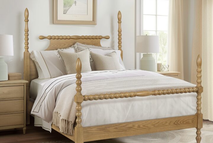 Dramatic turned post bed featuring a rolling pin style