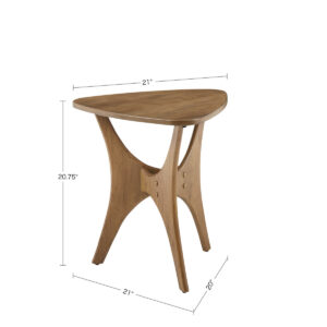 this table features a unique cross base and triangular table top that will certainly make a statement to your decor.  Constructed from solid wood and finished in a natural elm wood finish. Assembly required and tools are included.