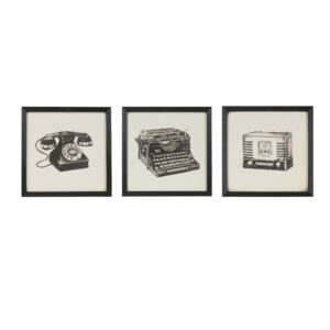 The Intelligent Design Vintage Models by Artist James Wiens is a three piece shadowbox set brings a cool and casual update to your space. This set features printed designs of an antique radio