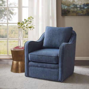 Bring simple comfort to your living room decor with the Madison Park Brianne Wide Seat Swivel Arm Chair. This swivel chair features a loose back and seat cushion that is fully upholstered for a chic transitional look. Double piping details along the frame accent the design