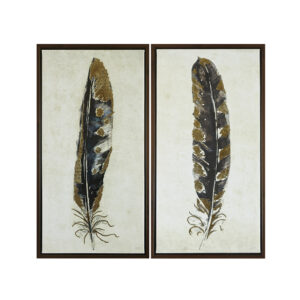 Gilded Feathers by Artist Symposium Design is a stunning art piece that will add drama to your home. This piece features feathers in rich black hues along with gold foil detailing that adds a nice sheen and luster for an eye-catching accent. These beautiful Gilded Feathers are then finished with a walnut frame for a more natural look to balance your space. With 2 D-rings on the reverse of each piece for easy hanging