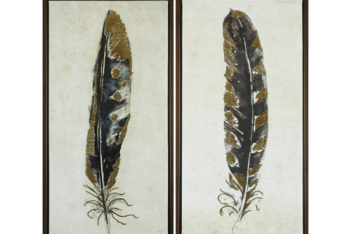 Gilded Feathers by Artist Symposium Design is a stunning art piece that will add drama to your home. This piece features feathers in rich black hues along with gold foil detailing that adds a nice sheen and luster for an eye-catching accent. These beautiful Gilded Feathers are then finished with a walnut frame for a more natural look to balance your space. With 2 D-rings on the reverse of each piece for easy hanging