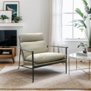 The Beige Monte Accent Chair is the perfect update to a mid-century modern décor.  The  metal frame with solid wood armrests and high-density foam filling provide long-lasting support and comfort. Upholstered in a modern polyester beige fabric