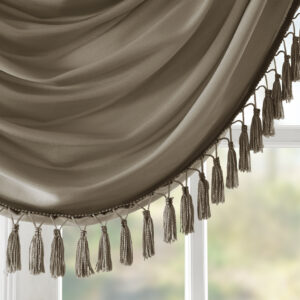 with our Elena Waterfall window valance. This classy bronze valance showcases rich center draping details and a beautiful tassel trim