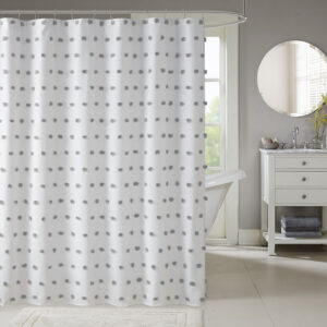 Add a fun update to your space with the Madison Park Sophie shower curtain. The solid white background features rows of soft grey fabric pom poms