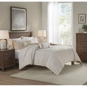 Update your bedroom with the casual beauty of the Harbor House Anslee Cotton Yarn Dyed 3 Piece Duvet Cover Set. This cotton yarn dyed duvet cover showcases stripes of various widths in soft taupe and white hues. Clip Jacquard detailing add alluring texture and dimension and flaunt a chic