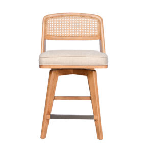 a harmonious fusion of style and practicality. Elevate your space with its curved shaped backrest featuring natural rattan details for casual elegance and coziness. The swivel seat includes a plush fixed -cushion for ultimate comfort. This mid-century modern stool boasts tapered blade-shaped legs and an armless design