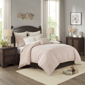 The Madison Park Signature Haven Chenille Jacquard Comforter Set introduces a subtle modern update to your bedroom. This luxurious jacquard comforter features an allover white chenille damask pattern on blush background to create a rich and elegant look. Two matching shams pair perfectly with the comforter