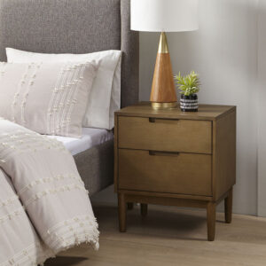 The INK+IVY Mallory Nightstand offers the perfect complement to your bedroom set. This rectangular nightstand features a rich walnut wood finish on the solid wood frame and legs