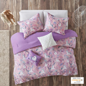 Add a touch of whimsy to your child’s bedroom with the Urban Habitat Kids Lola Unicorn Cotton Comforter Set. Adorable unicorns prance across the top of the comforter and matching shams (1 for Twin Sizes) in bright colors. The solid reverse highlights the fun print on the comforter