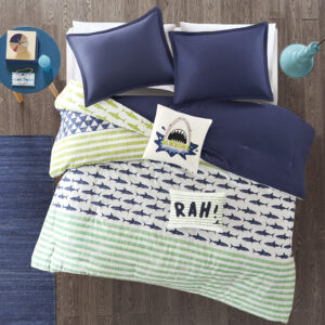 The Urban Habitat Kids Finn Comforter Set provides a fiercely fun update to your child’s bedroom. The 100% cotton comforter sports a shark and stripe print in navy and green colors that pops on the light grey background. A solid navy reverse adds a bold splash of color