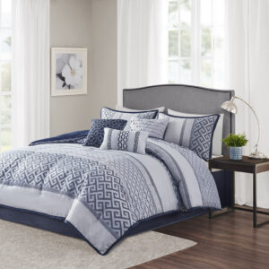 The Madison Park Bennett 7 Piece Jacquard Comforter Set provides an elegant and luxurious update for your bedroom. This jacquard comforter features a striped design with geometric woven motifs to create an updated traditional look. The 2 matching shams repeat a similar striped pattern that pairs perfectly with the comforter. A solid bed skirt made from faux silk and 3 decorative pillows are also included