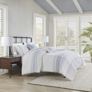 Introduce an upscale cottage charm to your bedroom with the Harbor House Morgan 5 Piece Cotton Duvet Cover Set. This 100% cotton jacquard duvet cover features textured vertical woven stripes with contrasting horizontal blue stripes on white ground