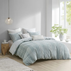 The INK+IVY Kara Cotton Jacquard Duvet Cover Mini Set offers an eye-catching update to your bedroom decor. This duvet cover features a cotton jacquard stripe design on the face with an Aqua diamond print on the Ivory reverse. Two matching shams coordinate with the duvet cover to complete to globally-inspired design. Machine washable for easy care