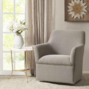 The Madison Park Augustine Swivel Glider Chair provides a simple and clean update to your living room decor. This swivel accent chair is upholstered in soft grey fabric that creates a smooth