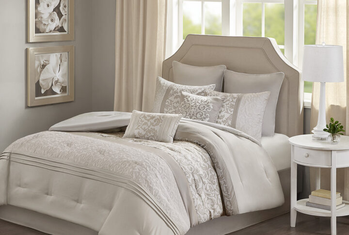 The 510 Design Ramsey Embroidered 8 Piece Comforter Set introduces a graceful elegance to your bedroom decor. A pieced embroidery design with quilting and pintuck details