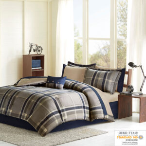 The Intelligent Design Robbie Plaid Comforter Set with Bed Sheets will bring a comfortable look and feel to your room. The comforter and matching shams (1 in Twin/TwinXL) sport a plaid print in a modern color palette of navy and taupe for a casual update. A complete sheet set features a contrasting navy flange that adds a bold accent to the sheet set