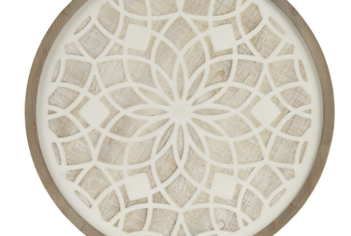 Our Madison Park Leah Round Two-tone Medallion Wall Decor by Artist Emily Warne is the perfect addition for a stylish Boho update to your home. This round wall decor features a molded white washed medallion design on a natural wood color base