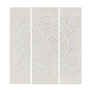 Hang our Madison Park Mandala Triptych 3-piece Dimensional Resin Canvas Wall Art Set on your wall to create a unique focal point in your space. An intricate carving design with the look and feel of wood is made from durable resin