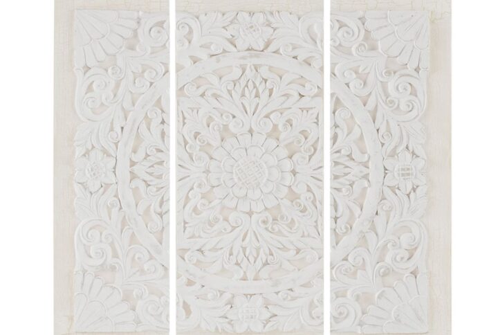 Hang our Madison Park Mandala Triptych 3-piece Dimensional Resin Canvas Wall Art Set on your wall to create a unique focal point in your space. An intricate carving design with the look and feel of wood is made from durable resin