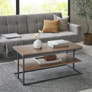 Complete your living room with the sleek style of the 510 Design Monarch 42" 2 Tier Rectangle Metal Frame Coffee Table. This rectangular coffee table features open shelves with a dark coffee finish and a black metal frame