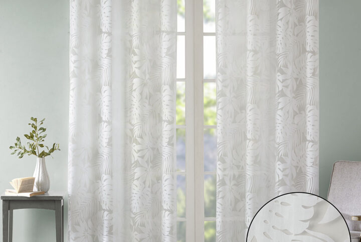 with our Madison Park Leilani Palm Leaf Sheer Window Curtain. This panel combines an intricate burnout palm leaf design on a lightweight sheer