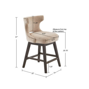 this swivel counter stool is upholstered in an elegant beige fabric with a dark coffee wood finish. It also features a bronze nailhead detailing on the back to add an elegant touch