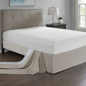 Give your bed the perfect finish with the Madison Park Simple Fit Wrap-Around Adjustable Bed Skirt. The solid khaki bed skirt features a hidden fabric band with a non-skid backing to keep it in place. Simply tuck and fold the bed skirt along the edge of the box spring to find the proper fit for your bed