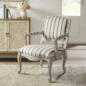 Update your living room decor with the Madison Park Monroe Accent Chair. This accent chair is upholstered in a natural-hued stripe pattern fabric and features pillow-topped arms for a sophisticated look. A reclaimed wood finish complements the upholstery