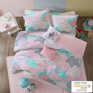 Drift off to dreamland with the whimsical charm of the Urban Habitat Kids Cloud Cotton Printed Duvet Cover Set. The duvet cover and shams (1 in Twin Sizes) showcase a cute and fluffy cloud motif in a soft colorful palette with a solid reverse. An oblong decorative pillow features all-over ruching and the square pillow features an embroidered unicorn. Made from 100% pre-shrunk cotton