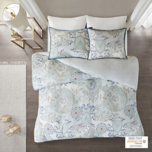 Refresh your bedroom with the Madison Park Isla 3 Piece Cotton Printed Reversible Duvet Cover Set. The 100% cotton duvet cover and shams flaunt a botanical floral design with a medallion motif printed in soft watercolor hues. A printed pattern on the reverse complements the top of the bed