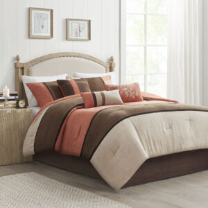 The Madison Park 7 Piece Palisades Comforter Set offers you a casual alternative in fashion bedding. The reverse of the comforter is solid coral. The soft microsuede in ivory